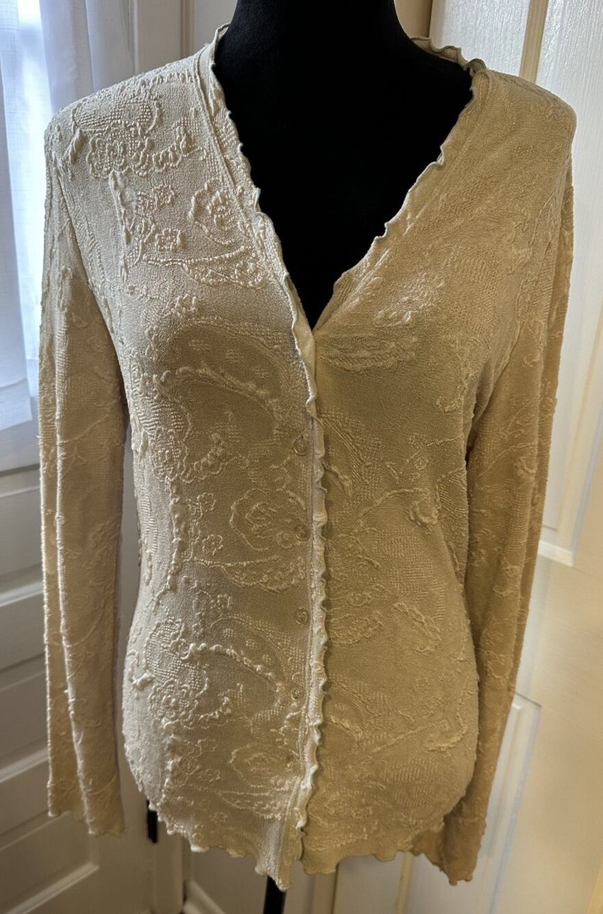 VTG B.Moss Stretch Cardigan Blouse Cream Textured Paisley Fairycore Size Large